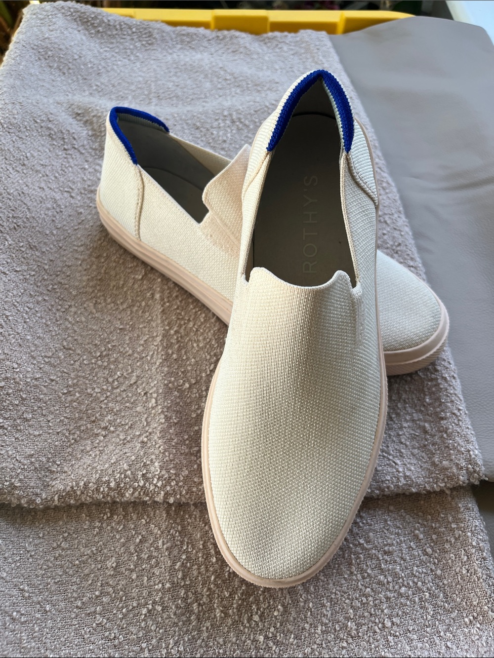 Rothy's Cream Slip-On Loafers with Blue Heel Trim pale pink or peach